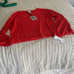 Red Lace Sleeve Women's Top